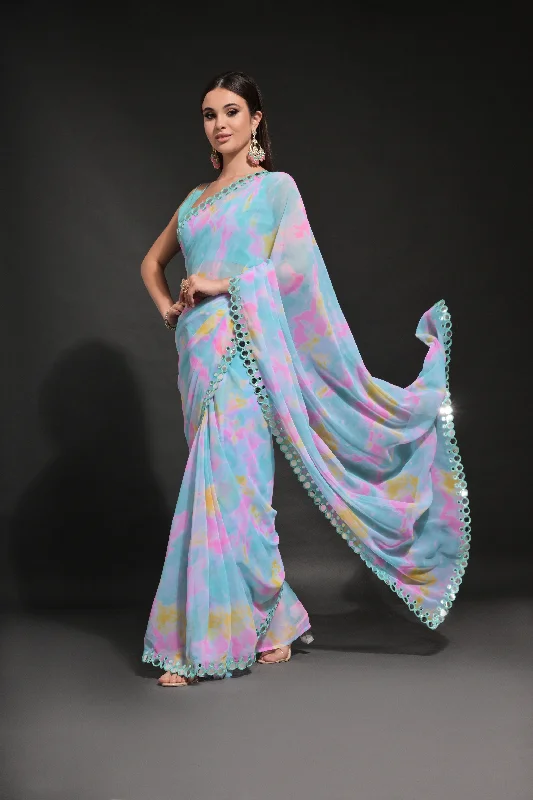 NOZ2TOZ Women Party Wear Prizm Printed Georgette Saree with Unstitched Blouse - Firozi Double Button Blouse NOZ2TOZ Women Party Wear Prizm Printed Georgette Saree with Unstitched Blouse - Firozi Double Button Blouse