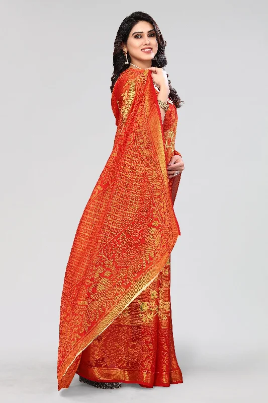 NOZ2TOZ Women Party Wear Printed Brasso Chiffon Saree with Unstitched Blouse - Red Elegant Semi-Sheer Blouse