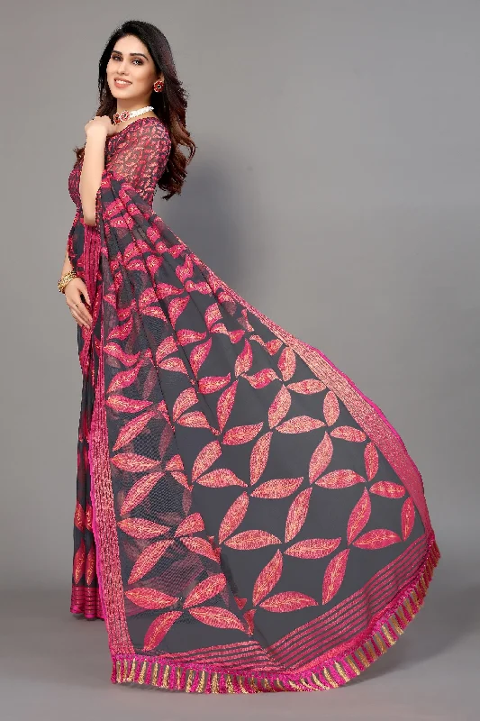 NOZ2TOZ Women Party Wear Printed Brasso Chiffon Saree with Unstitched Blouse - Red & Grey Wrap Front Blouse NOZ2TOZ Women Party Wear Printed Brasso Chiffon Saree with Unstitched Blouse - Red & Grey Wrap Front Blouse