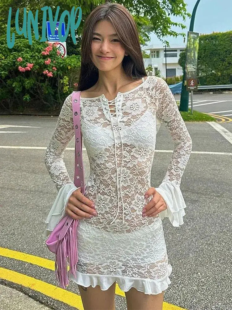Lunivop Ruffle Lace Dress For Women Off Shoulder Bandage See Through Mini Dresses Girls Summer Beach Backless Holiday Dress Woman Comfortable Zip-Up Mini Dress Lunivop Ruffle Lace Dress For Women Off Shoulder Bandage See Through Mini Dresses Girls Summer Beach Backless Holiday Dress Woman Comfortable Zip-Up Mini Dress
