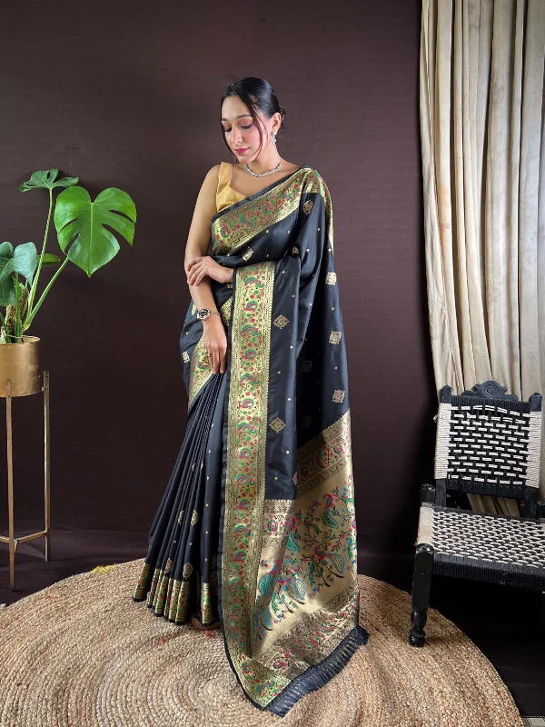 NOZ2TOZ Women Party Wear Zari Weaving Paithani Silk Saree with Unstitched Blouse - Black Gathered Detail Blouse NOZ2TOZ Women Party Wear Zari Weaving Paithani Silk Saree with Unstitched Blouse - Black Gathered Detail Blouse