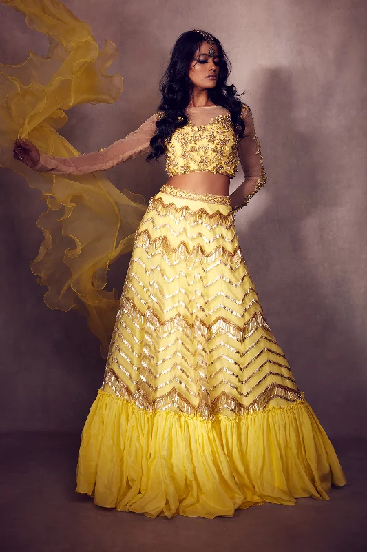 Lemon Yellow Off-shouldered Blouse paired with Frilled-edge Geometric Ghaghra and Dupatta Smart Casual Blouse Lemon Yellow Off-shouldered Blouse paired with Frilled-edge Geometric Ghaghra and Dupatta Smart Casual Blouse