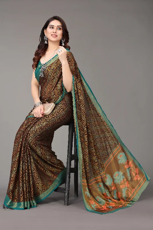 NOZ2TOZ Women Party Wear Printed Brasso Chiffon Saree with Unstitched Blouse - Brown Vintage Polka Blouse