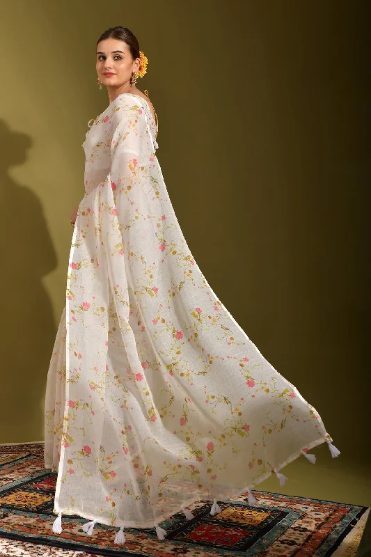 NOZ2TOZ Women Party Wear Printed Linen Saree with Unstitched Blouse - Off White Vintage Lace Blouse NOZ2TOZ Women Party Wear Printed Linen Saree with Unstitched Blouse - Off White Vintage Lace Blouse