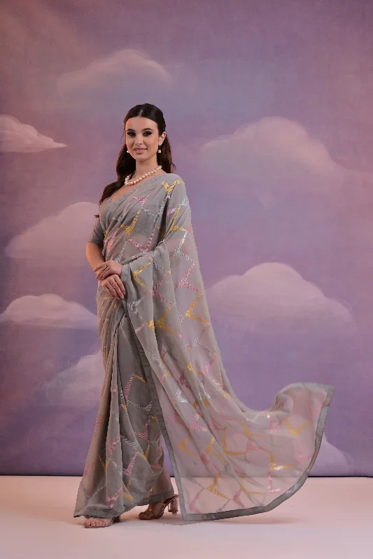 NOZ2TOZ Women Party Wear Sequence Worked Georgette Saree with Unstitched Blouse - Grey Casual Stripe Blouse NOZ2TOZ Women Party Wear Sequence Worked Georgette Saree with Unstitched Blouse - Grey Casual Stripe Blouse