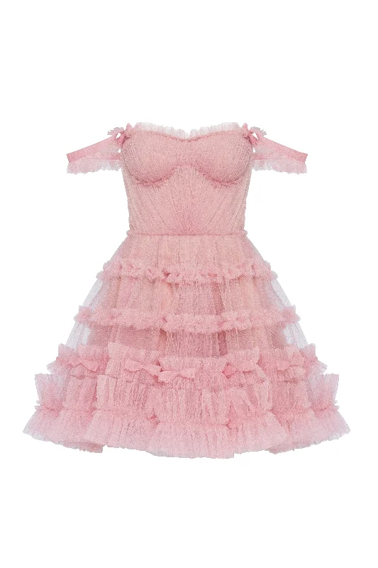 Flirty ruffled tulle mini dress in misty rose, Glow-Up Trendy Crossover Mini Dress