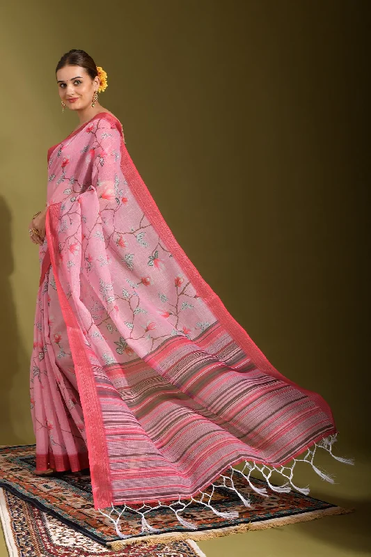 NOZ2TOZ Women Party Wear Printed Linen Saree with Unstitched Blouse - Pink Lightweight Floral Blouse NOZ2TOZ Women Party Wear Printed Linen Saree with Unstitched Blouse - Pink Lightweight Floral Blouse