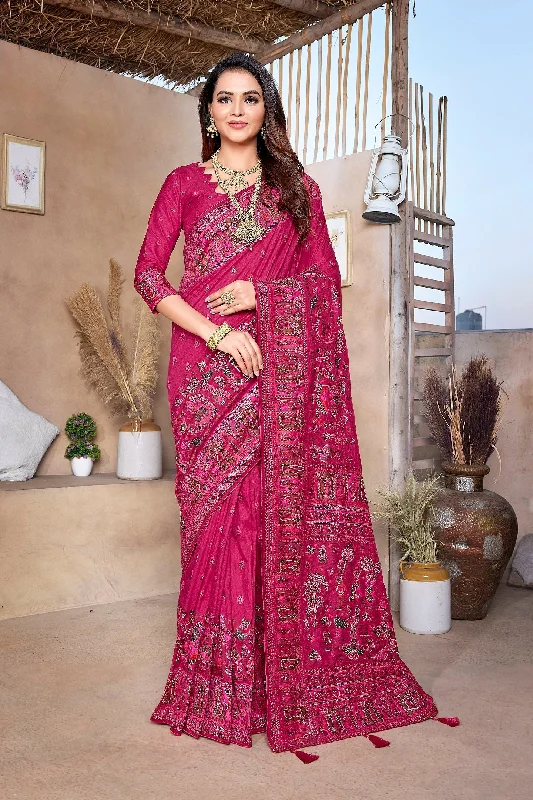 NOZ2TOZ Women Wedding Wear Jacquard Weaving Worked Pure Pashmina Saree with Unstitched Blouse - Pink Floral Chiffon Blouse NOZ2TOZ Women Wedding Wear Jacquard Weaving Worked Pure Pashmina Saree with Unstitched Blouse - Pink Floral Chiffon Blouse