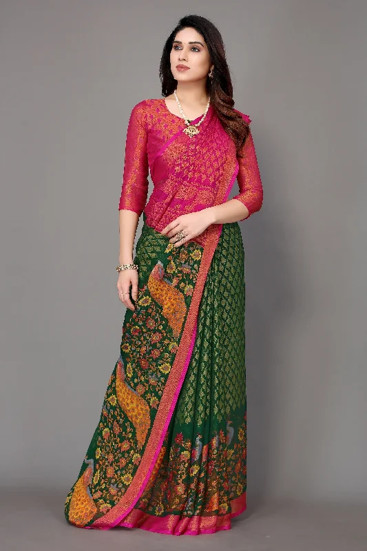 NOZ2TOZ Women Party Wear Printed Brasso Chiffon Saree with Unstitched Blouse - Bottle Green Semi-Sheer Blouse NOZ2TOZ Women Party Wear Printed Brasso Chiffon Saree with Unstitched Blouse - Bottle Green Semi-Sheer Blouse