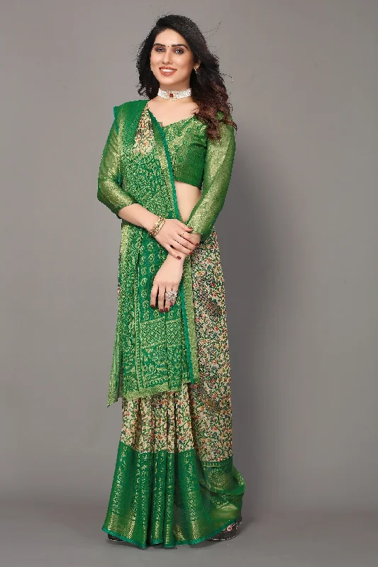 NOZ2TOZ Women Party Wear Printed Brasso Chiffon Saree with Unstitched Blouse - Green Chic Wrap Blouse NOZ2TOZ Women Party Wear Printed Brasso Chiffon Saree with Unstitched Blouse - Green Chic Wrap Blouse