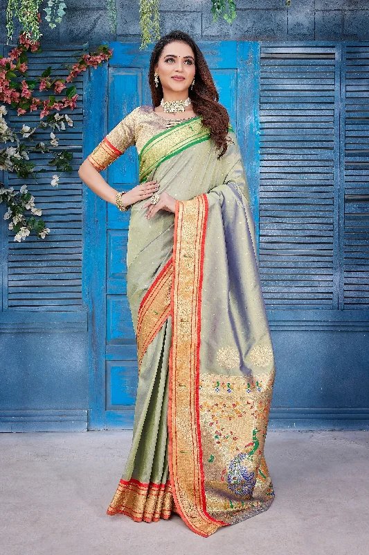 NOZ2TOZ Women Wedding Wear Zari Weaving Paithani Silk Saree with Unstitched Blouse - Light Green Feminine Pastel Blouse NOZ2TOZ Women Wedding Wear Zari Weaving Paithani Silk Saree with Unstitched Blouse - Light Green Feminine Pastel Blouse