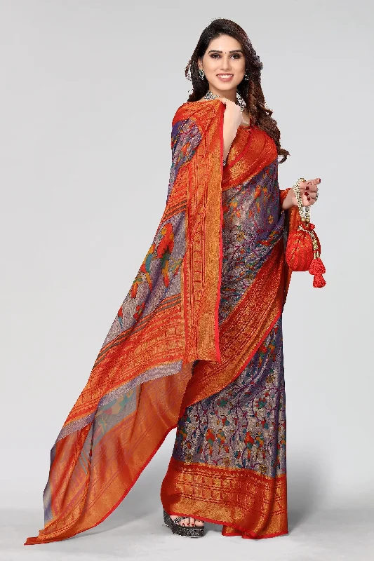 NOZ2TOZ Women Party Wear Printed Brasso Chiffon Saree with Unstitched Blouse - Lavender & Red Sleeveless Chiffon Blouse NOZ2TOZ Women Party Wear Printed Brasso Chiffon Saree with Unstitched Blouse - Lavender & Red Sleeveless Chiffon Blouse