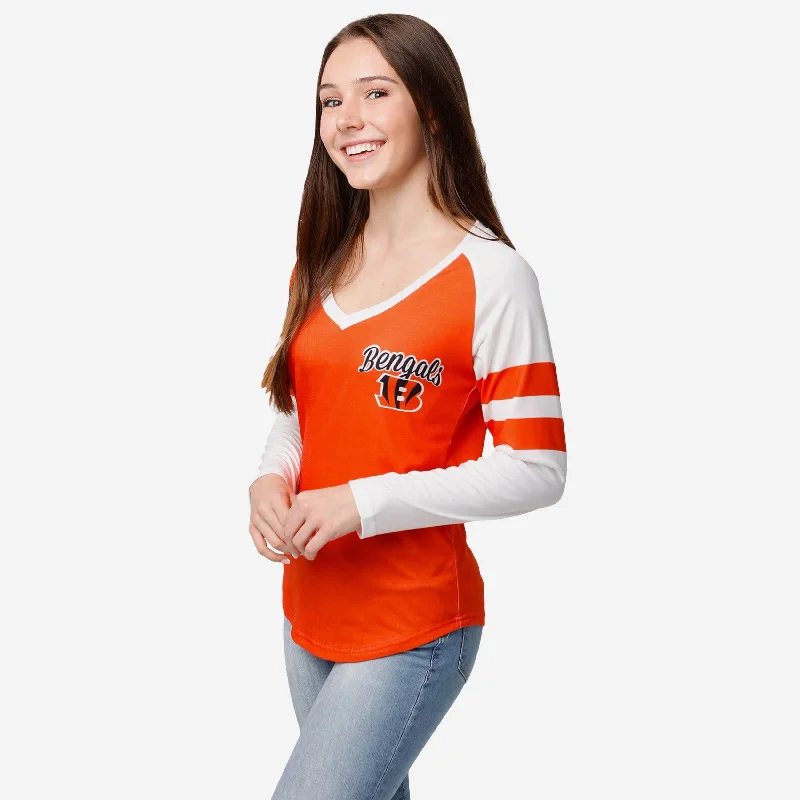 Cincinnati Bengals Womens Script Wordmark Striped Sleeve Raglan Shirt-- Welt Pockets Slit Pockets Cincinnati Bengals Womens Script Wordmark Striped Sleeve Raglan Shirt-- Welt Pockets Slit Pockets