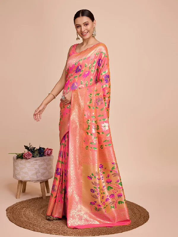 NOZ2TOZ Women Party Wear Zari Weaving Paithani Silk Saree with Unstitched Blouse - Peach Wrap Front Blouse NOZ2TOZ Women Party Wear Zari Weaving Paithani Silk Saree with Unstitched Blouse - Peach Wrap Front Blouse