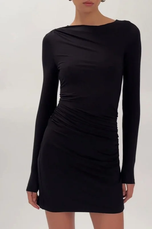 Ruched Long Sleeve Mini Dress Classic Black Mini Dress