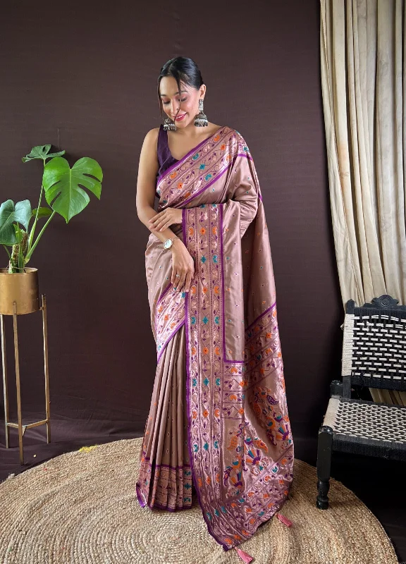 NOZ2TOZ Women Party Wear Zari Weaving Paithani Silk Saree with Unstitched Blouse - Purple Feminine Ruffle Blouse NOZ2TOZ Women Party Wear Zari Weaving Paithani Silk Saree with Unstitched Blouse - Purple Feminine Ruffle Blouse