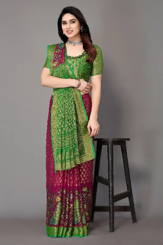NOZ2TOZ Women Party Wear Printed Brasso Chiffon Saree with Unstitched Blouse - Magenta Textured Cotton Blouse NOZ2TOZ Women Party Wear Printed Brasso Chiffon Saree with Unstitched Blouse - Magenta Textured Cotton Blouse