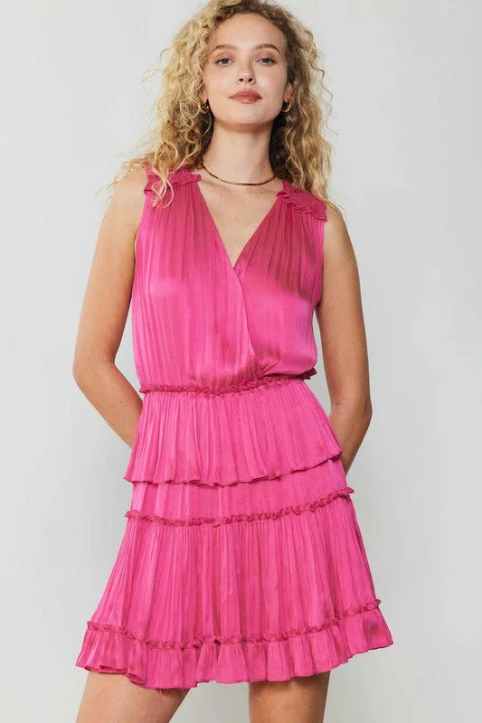 SLEEVELESS SURPLICE TIERED MINI DRESS W/RUFFLE Comfortable Polka Dot Mini Dress