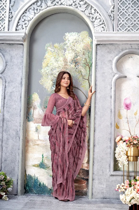 NOZ2TOZ Women Casual Wear Printed Weight Less Saree with Unstitched Blouse - Violet Asymmetric Hem Blouse NOZ2TOZ Women Casual Wear Printed Weight Less Saree with Unstitched Blouse - Violet Asymmetric Hem Blouse