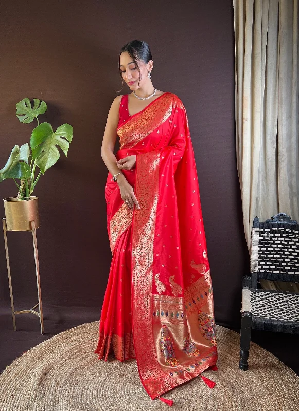 NOZ2TOZ Women Party Wear Zari Weaving Paithani Silk Saree with Unstitched Blouse - Red Floral Chiffon Blouse NOZ2TOZ Women Party Wear Zari Weaving Paithani Silk Saree with Unstitched Blouse - Red Floral Chiffon Blouse