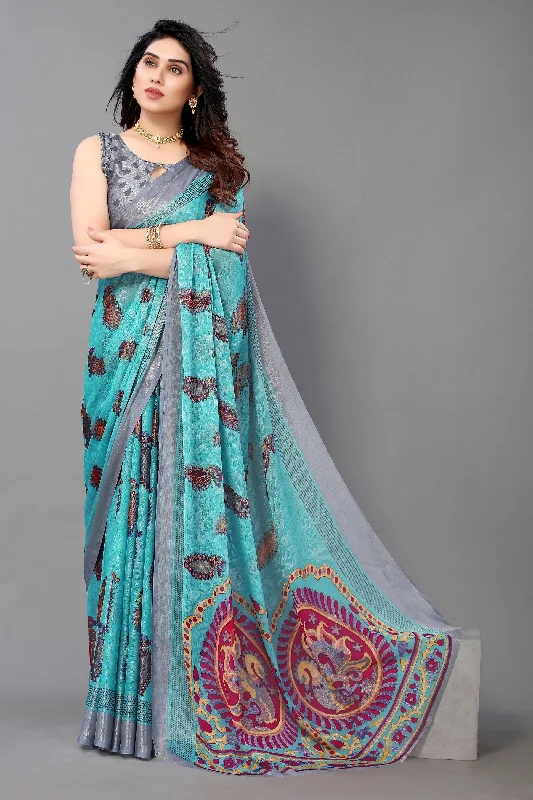 NOZ2TOZ Women Party Wear Printed Brasso Chiffon Saree with Unstitched Blouse - Firozi Floral Print Blouse NOZ2TOZ Women Party Wear Printed Brasso Chiffon Saree with Unstitched Blouse - Firozi Floral Print Blouse