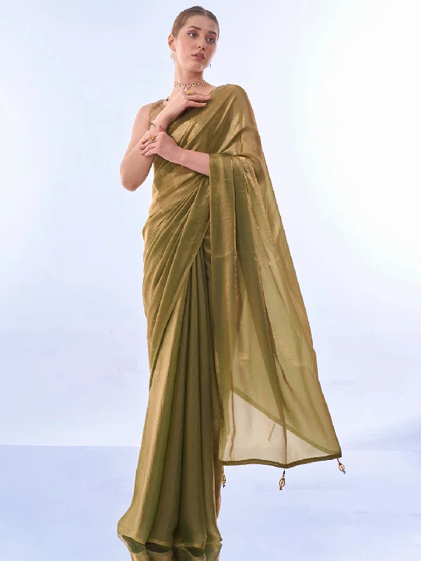 NOZ2TOZ Women Party Wear Printed Premium Organza Saree with Unstitched Blouse - Olive Green Elegant Semi-Sheer Blouse