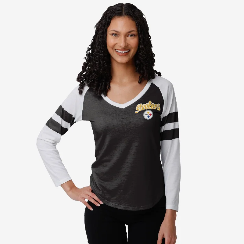 Pittsburgh Steelers Womens Script Wordmark Striped Sleeve Raglan T-Shirt-- Welt Pockets Slit Pockets Flap Pockets Pittsburgh Steelers Womens Script Wordmark Striped Sleeve Raglan T-Shirt-- Welt Pockets Slit Pockets Flap Pockets