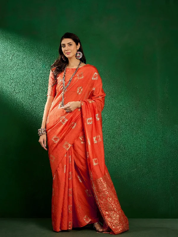 NOZ2TOZ Women Party Wear Cotton Saree with Unstitched Blouse - Orange Ruched Sleeve Blouse NOZ2TOZ Women Party Wear Cotton Saree with Unstitched Blouse - Orange Ruched Sleeve Blouse