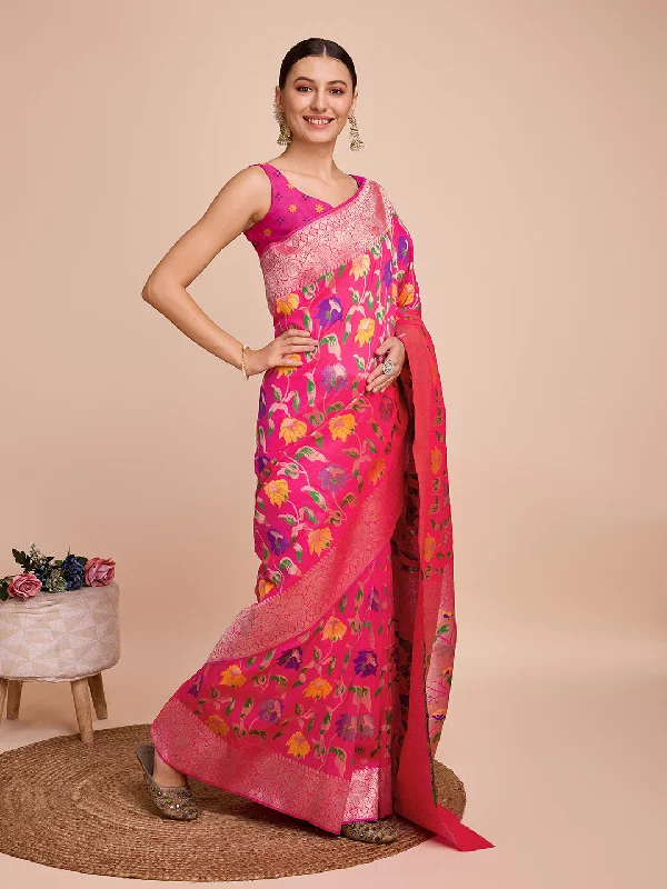 NOZ2TOZ Women Party Wear Zari Weaving Paithani Silk Saree with Unstitched Blouse - Pink Sheer Mesh Blouse NOZ2TOZ Women Party Wear Zari Weaving Paithani Silk Saree with Unstitched Blouse - Pink Sheer Mesh Blouse