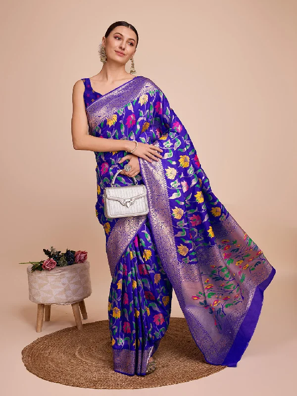 NOZ2TOZ Women Party Wear Zari Weaving Paithani Silk Saree with Unstitched Blouse - Blue Slim Fit Blouse NOZ2TOZ Women Party Wear Zari Weaving Paithani Silk Saree with Unstitched Blouse - Blue Slim Fit Blouse