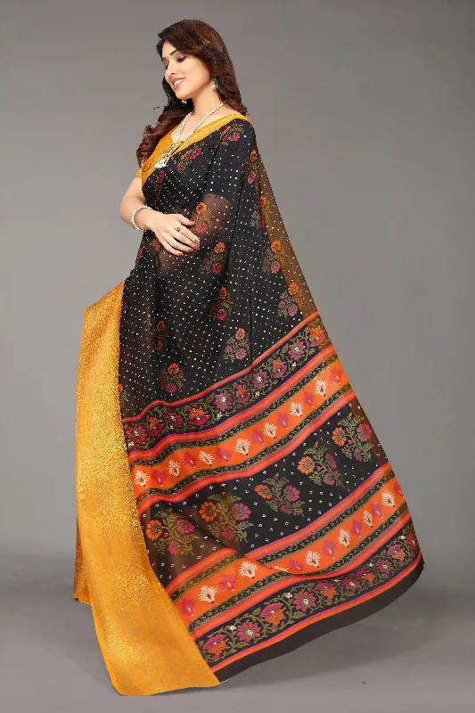 NOZ2TOZ Women Party Wear Bandhani Style Banarasi Silk Saree with Unstitched Blouse - Black Classic Minimalist Blouse NOZ2TOZ Women Party Wear Bandhani Style Banarasi Silk Saree with Unstitched Blouse - Black Classic Minimalist Blouse