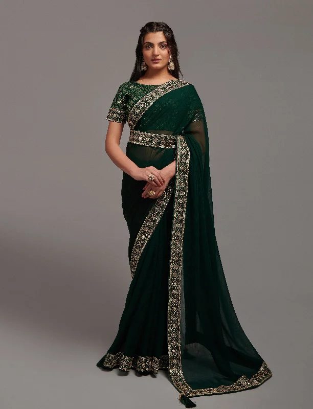 NOZ2TOZ Women Party Wear Premium Chinon Silk Saree with Unstitched Blouse - Green High Neck Blouse NOZ2TOZ Women Party Wear Premium Chinon Silk Saree with Unstitched Blouse - Green High Neck Blouse
