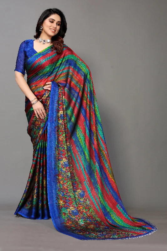 NOZ2TOZ Women Party Wear Printed Chiffon Silk Saree with Unstitched Blouse - Royal Blue Loose Oversized Blouse NOZ2TOZ Women Party Wear Printed Chiffon Silk Saree with Unstitched Blouse - Royal Blue Loose Oversized Blouse