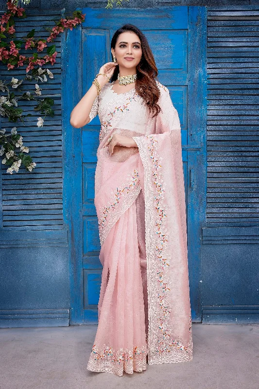 NOZ2TOZ Women Party Wear Jimi Chu Silk Saree with Unstitched Blouse - Pink Soft Pastel Blouse NOZ2TOZ Women Party Wear Jimi Chu Silk Saree with Unstitched Blouse - Pink Soft Pastel Blouse