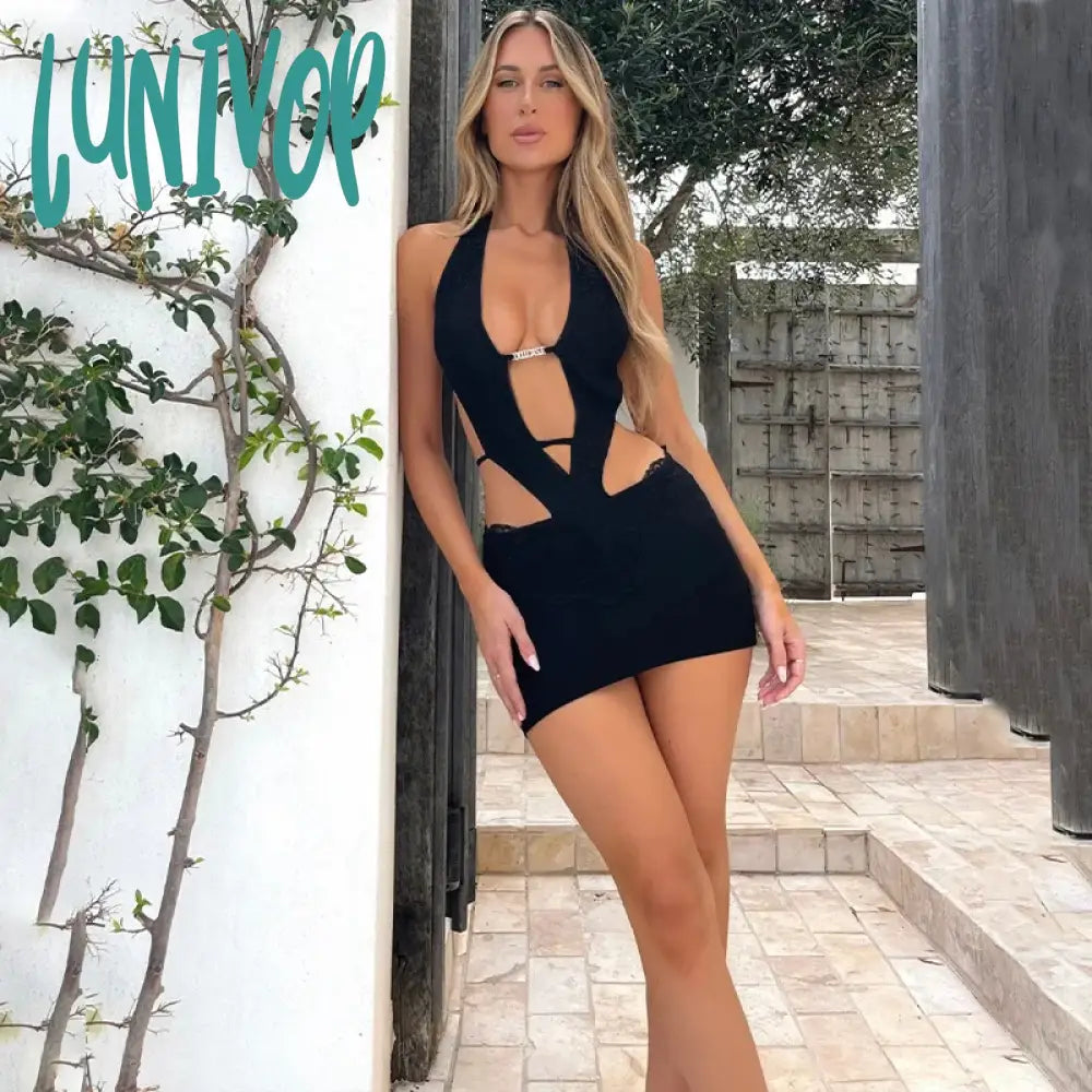 Lunivop Sexy Deep V Backless Mini Dresses For Women 2024 Summer Clubwear Outfits Lace Black White Dress Resort Y2K Clothing Trendy Button-Detail Mini Dress