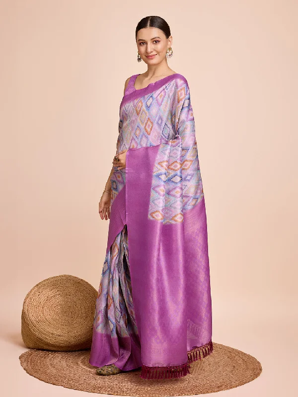 NOZ2TOZ Women Party Wear Semi Kanjivaram Silk Ready to Wear Saree with Unstitched Blouse(Size Up to 42) - Purple Delicate Pleat Blouse