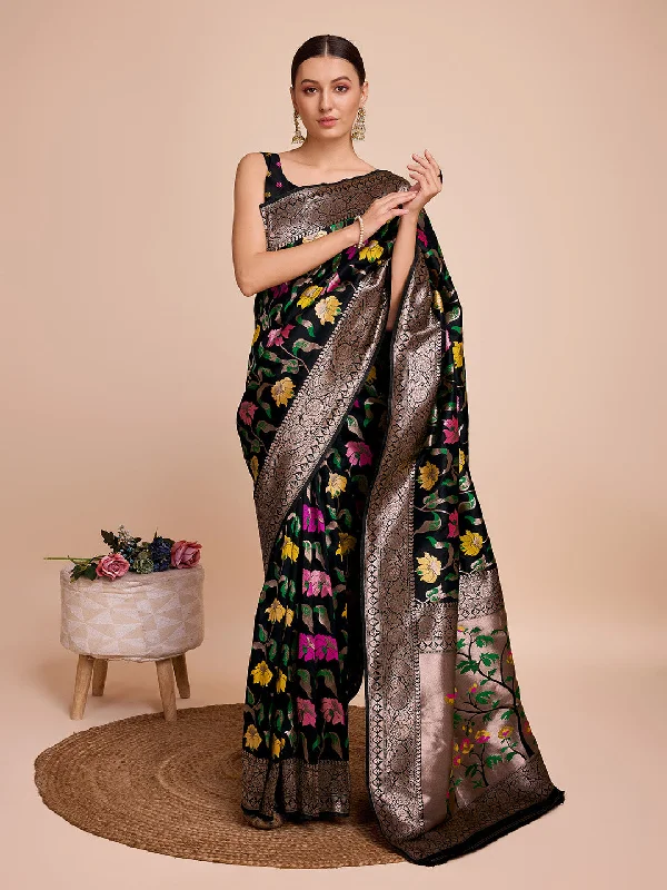 NOZ2TOZ Women Party Wear Zari Weaving Paithani Silk Saree with Unstitched Blouse - Black Peter Pan Blouse NOZ2TOZ Women Party Wear Zari Weaving Paithani Silk Saree with Unstitched Blouse - Black Peter Pan Blouse