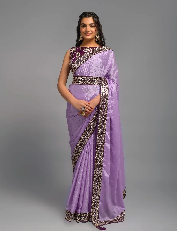 NOZ2TOZ Women Party Wear Premium Chinon Silk Saree with Unstitched Blouse - Onion Delicate Bow Blouse NOZ2TOZ Women Party Wear Premium Chinon Silk Saree with Unstitched Blouse - Onion Delicate Bow Blouse