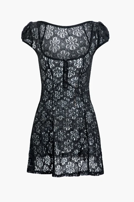 Lace Cut Out Short Sleeve Mini Dress Classic Striped Mini Dress