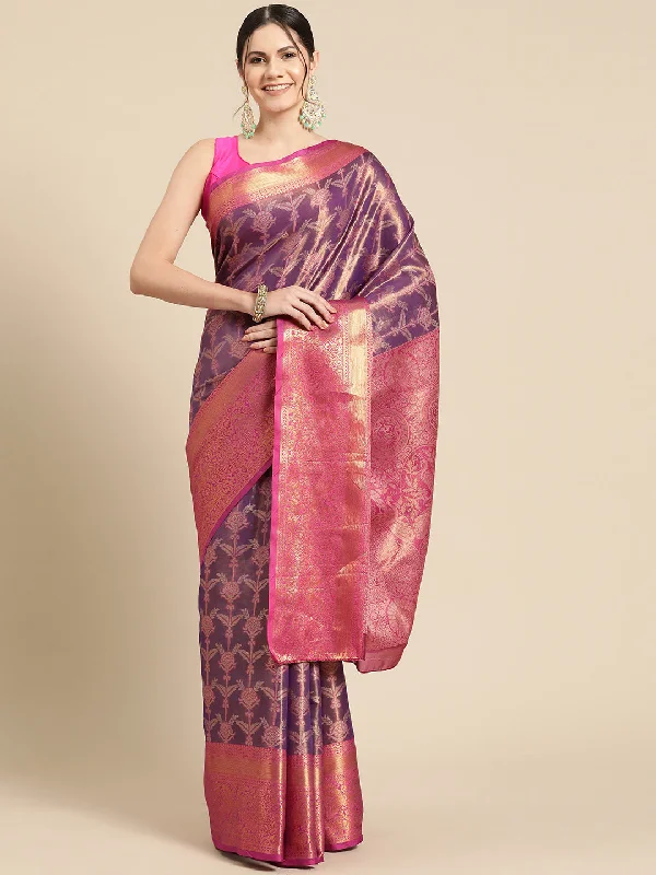 Purple Brocade Zari Woven Floral Saree with Unstitched Blouse - Hiral Fashion Mandarin Collar Blouse