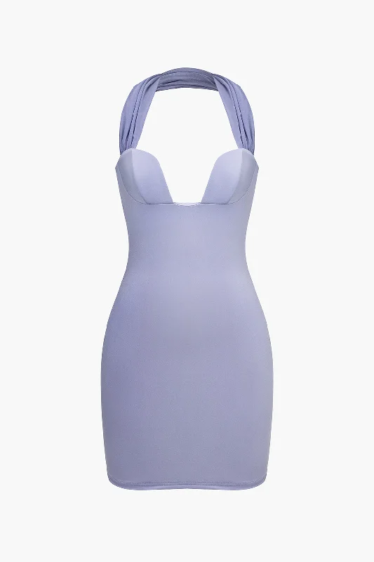 Ruched Backless Halter Neck Mini Dress Stylish Sweetheart Mini Dress