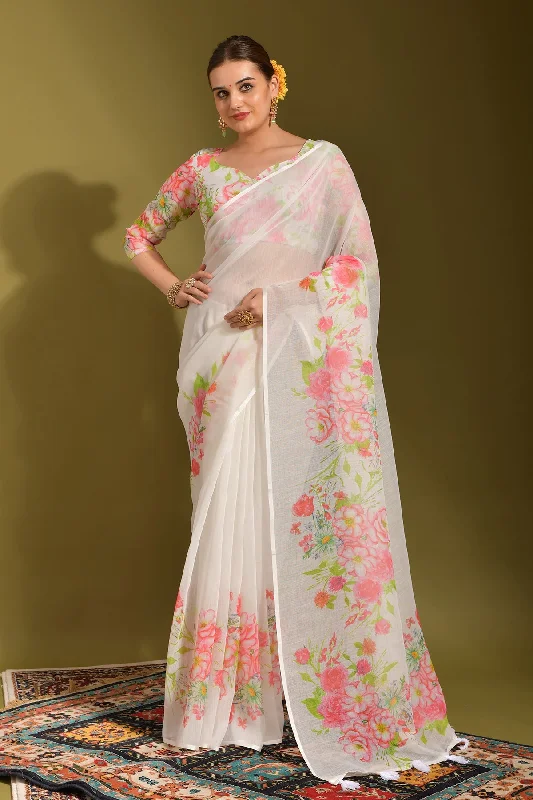 NOZ2TOZ Women Party Wear Printed Linen Saree with Unstitched Blouse - Off White Chic Sleeveless Blouse NOZ2TOZ Women Party Wear Printed Linen Saree with Unstitched Blouse - Off White Chic Sleeveless Blouse