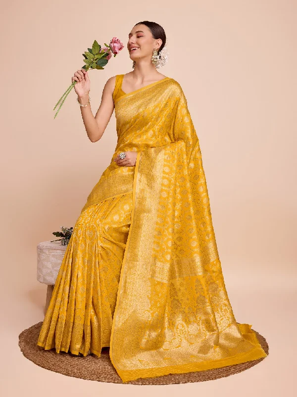 NOZ2TOZ Women Party Wear Gold Zari Weaving Pure Silk Saree with Unstitched Blouse - Golden Sleeveless Summer Blouse NOZ2TOZ Women Party Wear Gold Zari Weaving Pure Silk Saree with Unstitched Blouse - Golden Sleeveless Summer Blouse
