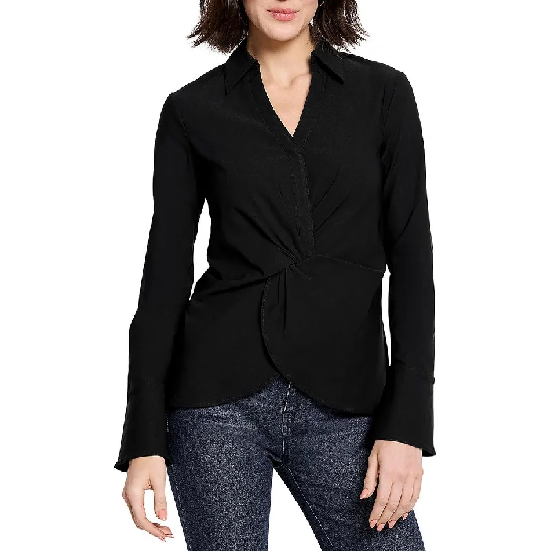 Womens Front Twist Split Neck Blouse High Neck Blouse