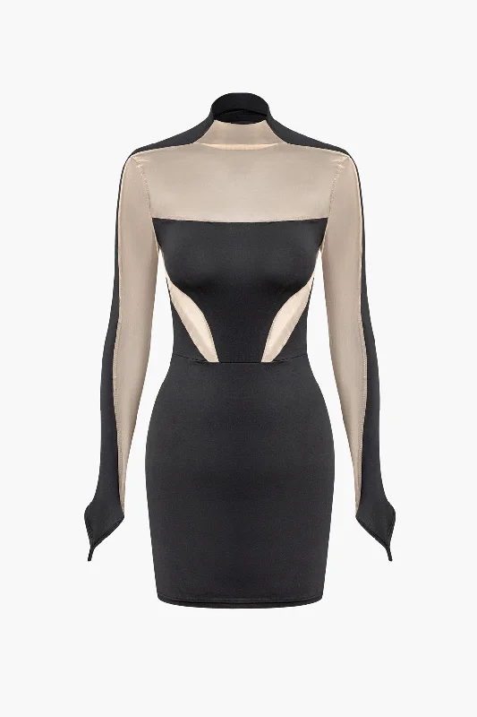 Contrast Mesh Patchwork Mock Neck Long Sleeve Mini Dress Comfortable Wrap Mini Dress Contrast Mesh Patchwork Mock Neck Long Sleeve Mini Dress Comfortable Wrap Mini Dress