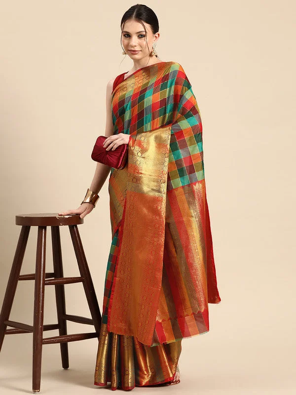 Multicolor Kanjeevaram Silk ColorBlock Checked Saree with Unstitched Blouse - Hiral Fashion Sheer Sleeve Blouse