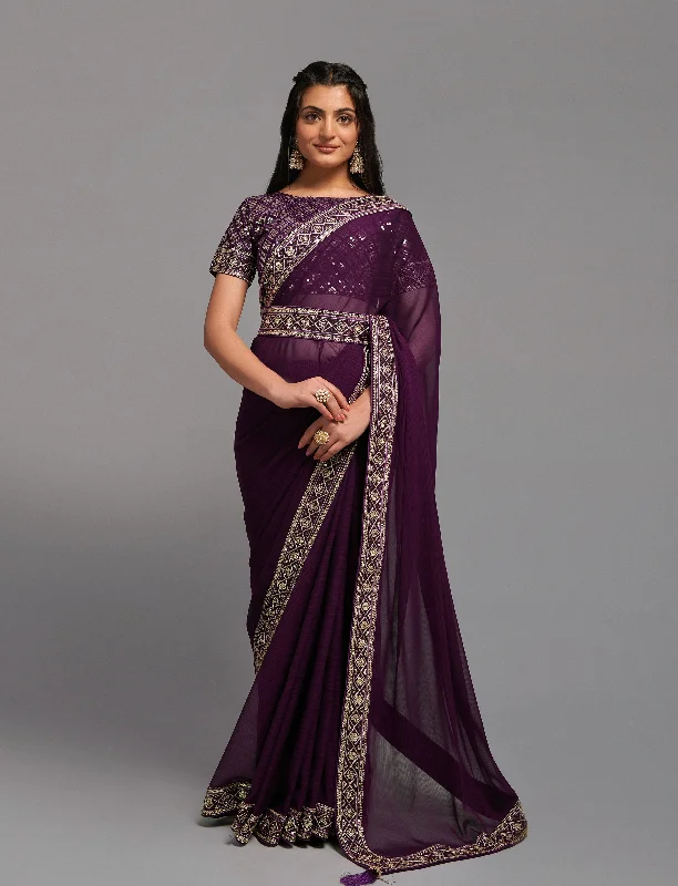 NOZ2TOZ Women Party Wear Premium Chinon Silk Saree with Unstitched Blouse - Wine Slim Fit Blouse NOZ2TOZ Women Party Wear Premium Chinon Silk Saree with Unstitched Blouse - Wine Slim Fit Blouse