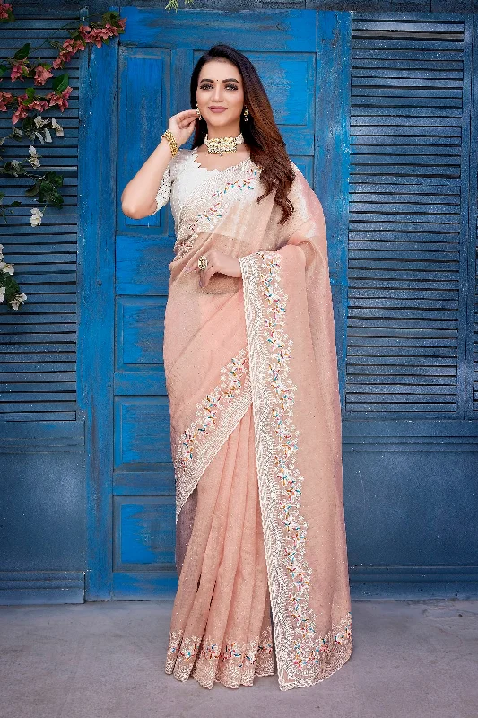 NOZ2TOZ Women Party Wear Jimi Chu Silk Saree with Unstitched Blouse - Peach Modern Oversized Blouse NOZ2TOZ Women Party Wear Jimi Chu Silk Saree with Unstitched Blouse - Peach Modern Oversized Blouse