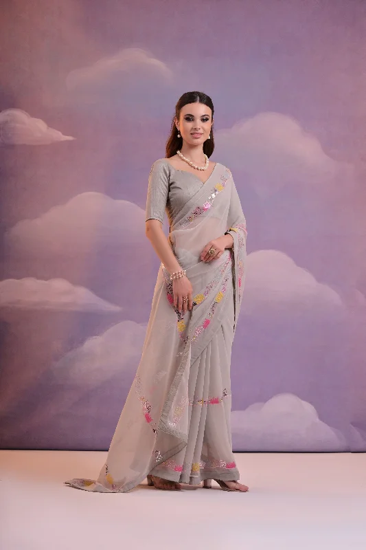 NOZ2TOZ Women Party Wear Sequence Worked Georgette Saree with Unstitched Blouse - Grey Casual Relaxed Blouse NOZ2TOZ Women Party Wear Sequence Worked Georgette Saree with Unstitched Blouse - Grey Casual Relaxed Blouse