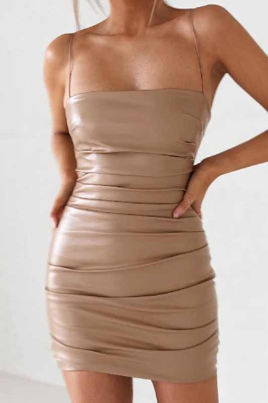 Vegan Leather Mini Dress - Tan Comfortable Zip-Up Mini Dress
